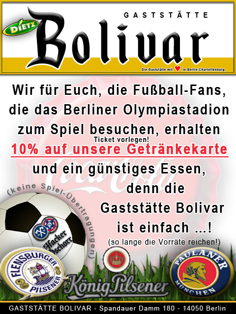 Berlin - Olympiastadion - Heimspiel - Hertha - Berliner - Currywurst - Pommes - Bier Bierpreis - Biergarten - Terrasse - Lokal - Gaststätte - Kneipe - Fußball - Essen - Trinken - Hausordnung - Einlass - Tickets - Angebot - Treffpunkt Gastmannschaft - Tip