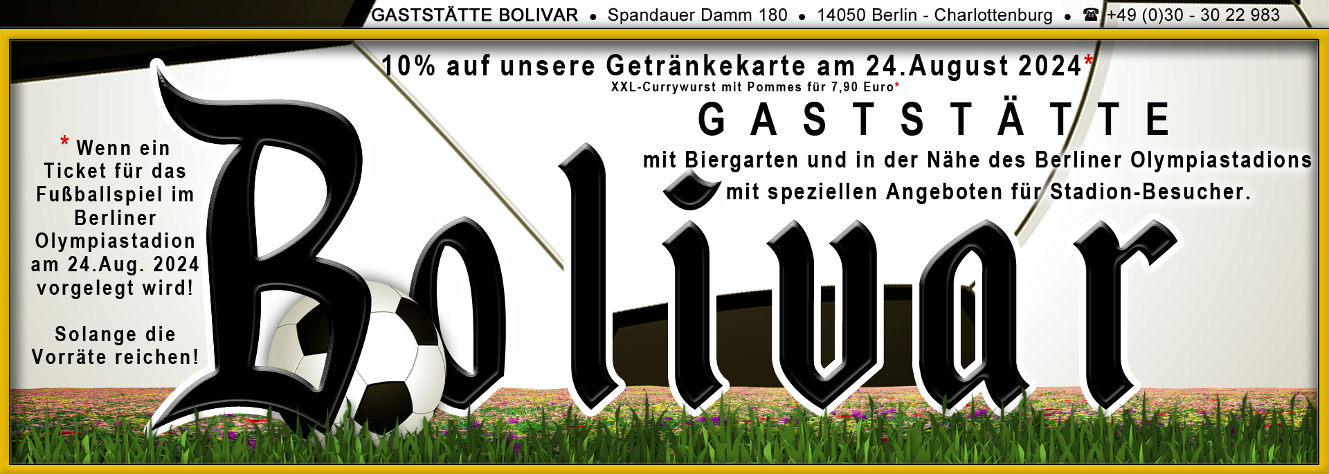 29 September 2024 - Berliner Olympiastadion - Heimspiel Hertha - Fußball - Familie - Gastmannschaft - Ticket - Fan - Treffpunkt - Berliner Currywurst - Pommes - Bier - Bierpreise - Biergarten - Lokal - Restaurant - Imbiss - Gaststätte - Biergarten