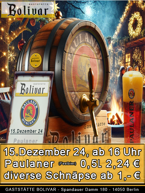 Dezember 2024 - Gaststätte Bolivar, Spandauer Damm 180, 14050 Berlin - Weihnachtszauber am 15. Dezember 2024 in der Gaststätte Bolivar! Tauchen Sie ein in eine festliche Nacht voller Weihnachtsmusik und mehr, Glühwein, und heiße Schokolade! Genießen Sie Köstlichkeiten vom Grill und lassen Sie sich von unseren tollen Angeboten verzaubern. Paulaner Festbier 0,5l für nur 2,54 Euro! Und das ist noch nicht alles entdecken Sie unsere diversen Schnäpse (ab 1 €) und weitere exklusive Angebote! Wir freuen uns auf Ihren Besuch und darauf, mit Ihnen eine wunderschöne Weihnachtszeit zu erleben! Das Team vom Bolivar wünscht Ihnen frohe Festtage! Weihnachtssauber / Weihnachtszeit Die Weihnachtszeit ist eine besondere Zeit des Jahres, die mit vielen Märkten und Festen verbunden ist. Diese Tradition hat ihre Wurzeln in der Geschichte und den Bräuchen, die sich über Jahrhunderte entwickelt haben. Ursprung der Weihnachtsmärkte Mittelalterliche Wurzeln: Die ersten Weihnachtsmärkte entstanden im Mittelalter, etwa im 14. Jahrhundert. Sie dienten ursprünglich der Versorgung der Bevölkerung mit Lebensmitteln und anderen Waren für den Winter. Die Menschen konnten dort frische Produkte kaufen, um sich auf die kalte Jahreszeit vorzubereiten. Ein Beispiel ist der Dresdner Striezelmarkt, der 1434 erstmals erwähnt wurde und als einer der ältesten Weihnachtsmärkte gilt. Religiöse Feste: Viele dieser Märkte waren eng mit religiösen Feiertagen verbunden. Sie fanden oft in der Adventszeit statt, die eine Vorbereitungszeit auf das Weihnachtsfest darstellt. Die Adventszeit war früher auch eine Fastenzeit, in der die Menschen sich auf das Fest vorbereiteten. Entwicklung der Tradition Vom Markt zur Feier: Im Laufe der Zeit wandelte sich der Charakter der Weihnachtsmärkte. Während sie anfangs vor allem der Versorgung dienten, wurden sie zunehmend zu Orten des Geselligkeit und der Feierlichkeiten. Die Menschen kamen zusammen, um die festliche Atmosphäre zu genießen, Glühwein zu trinken und Geschenke zu kaufen. Kulturelle Bedeutung: Weihnachtsmärkte sind nicht nur in Deutschland, sondern auch in vielen anderen Ländern populär geworden. Sie sind ein wichtiger Teil der weihnachtlichen Kultur und ziehen Touristen aus aller Welt an. Die Märkte bieten eine Vielzahl von Handwerkskunst, Lebensmitteln und Unterhaltung, was sie zu einem Erlebnis für die ganze Familie macht. Heutige Bedeutung Moderne Märkte: Heute sind Weihnachtsmärkte ein fester Bestandteil der Vorweihnachtszeit in vielen Städten. Sie beginnen oft Ende November und dauern bis kurz vor Weihnachten. Die Märkte sind geschmückt mit Lichtern und festlichen Dekorationen, was eine zauberhafte Atmosphäre schafft. Vielfalt der Angebote: Auf den Märkten findet man alles von handgemachten Geschenken über leckere Speisen bis hin zu traditionellen Getränken wie Glühwein. Viele Märkte bieten auch kulturelle Programme mit Musik, Theater und anderen Darbietungen an. Insgesamt sind die Weihnachtsmärkte ein Ausdruck von Tradition, Gemeinschaft und Feierfreude, die die Menschen in der kalten Jahreszeit zusammenbringt und die Vorfreude auf das Weihnachtsfest steigert. R. Keusch - Berlin